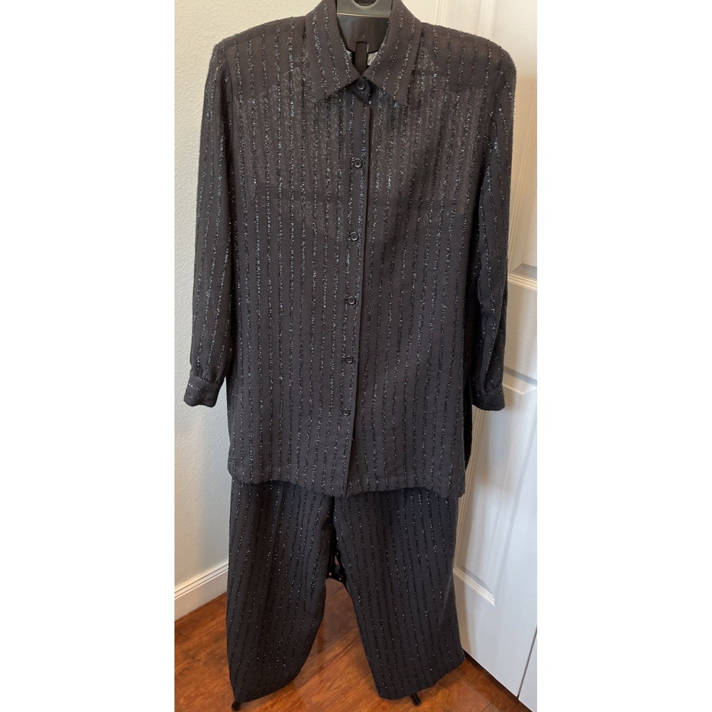 Linda Allard Ellen Tracy Evening Pant Suit Black Metallic Striped 2pc Set 14
